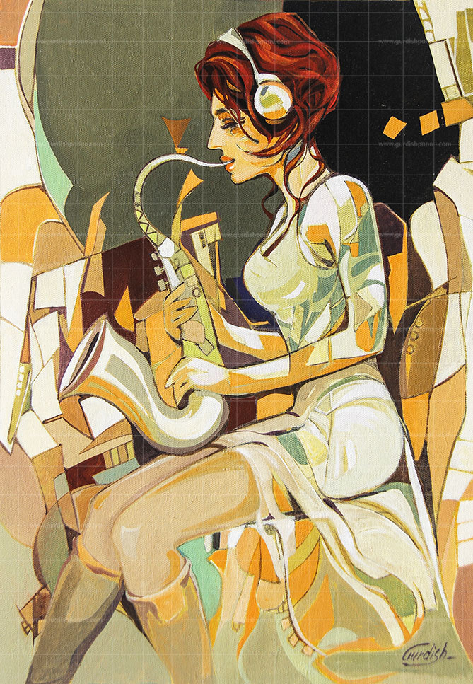 Elegance unfolding is a woman painting painted in subtle shades of beige, green, white and peach. This woman in the painting is playing saxophone and wearing a headset.