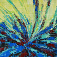 Vibrant abstract expressionist painting titled Garden Fantasies featuring a burst of textured blue, deep red, and lime yellow paint strokes radiating from a central focal point.