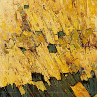 Abstract oil painting titled Glimpse of Paradise featuring textured palette knife strokes in vibrant yellow, gold, and deep emerald green.