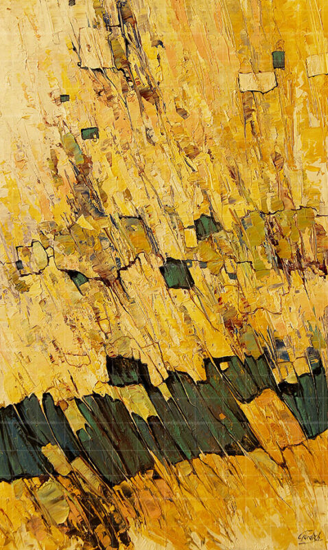 Glimpse of Paradise is a yellow colored abstract painting. This uses acrylic paints with bold and serene strokes. This peaceful painting is modern and aesthetic.