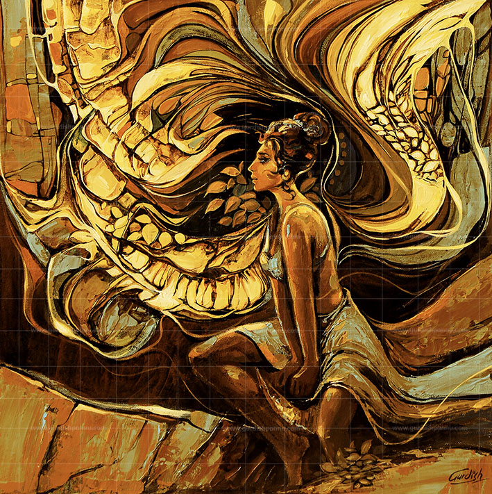 Her Iconic Presence is a woman painting that makes use of gold and brown acrylic colors. The woman is wearing a gown and sitting looking at something. This abstract painting is a must have for your house