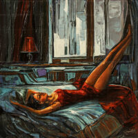 Expressionist oil painting titled Light and Shadow featuring a woman in a red dress lounging on a bed with her legs raised against a window.