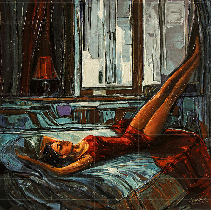 Light and Shadow is a woman painting that shows a woman in a red dress. There is a window at the back through which some light is coming inside. The woman is lying on a bed. This is made using acrylic paints.