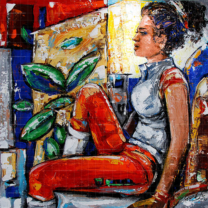 Lost in thought is a moody multicolored artwork. This modern paintings is a woman art work who is dressed in pants and a shirt of red and blue color. There is a vase at the back along with a variety of colors.