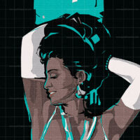 Madonna poster figurative artwork pop art painting of a woman with white gloves and halter dress on a black grid background.