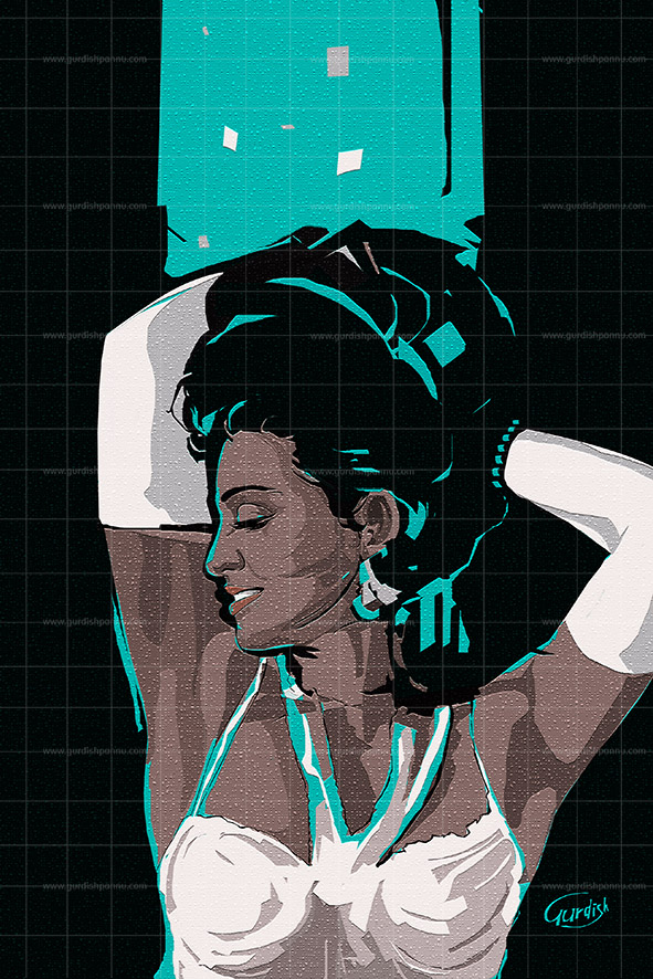 Madonna poster - Figurative Artwork is a woman painting that involves the use of cyan, black and white acrylic colors. Here, the woman is standing with her arms raised.