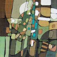 Abstract earth-toned painting titled Natures Embrace, featuring an intricate mosaic of geometric shapes in sage green, terracotta brown, teal, and beige.