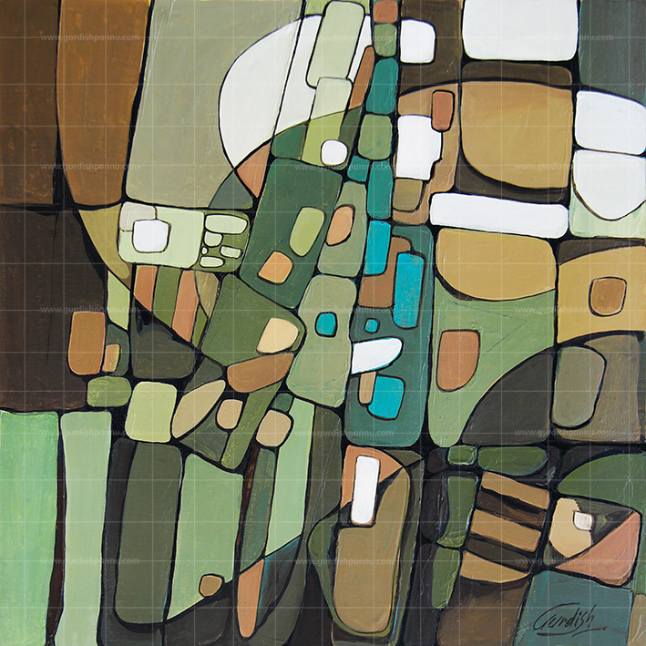 Abstract earth-toned painting titled Natures Embrace, featuring an intricate mosaic of geometric shapes in sage green, terracotta brown, teal, and beige.
