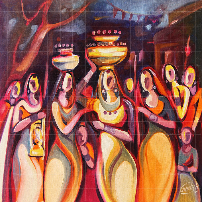 Punjabi Culture- jago Night painting is a beautiful painting in brown, red, yellow and blue color showing punjabi girls in traditional dresses. They are holding clay pots on their heads
