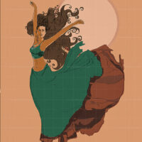 Symphony of Dreams original painting featuring a joyful woman dancing with flowing long brown hair and a green dress against a warm peach background with a large sun.