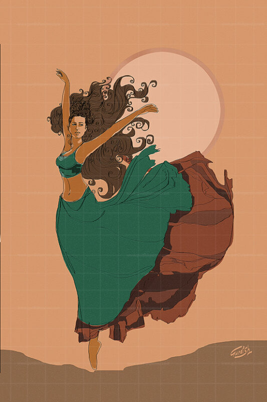 Symphony of Dreams is a woman painting. Here, the woman is dancing and is wearing a traditional Indian dress of green color. There is sun shining brightly at her back.