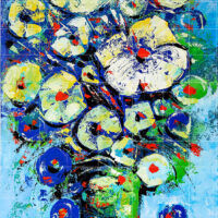 An abstract impasto oil painting titled The Dreamy Bloom, featuring a vibrant bouquet of textured, rounded white and yellow flowers with red centers in a green vase against a bright blue background.