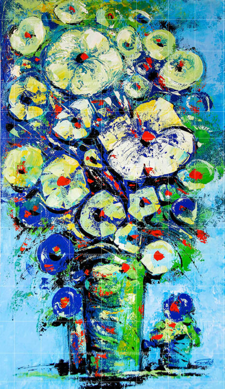 The Dreamy Bloom is an abstract painting of a vase full of flowers. This is a multicolored painting with shades of blue, green, yellow and red. This is a modern abstract painting which is dreamy and vintage.