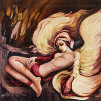 The Other Side of Life original figurative painting featuring a reclined woman surrounded by flowing golden and crimson drapery in an expressive, ethereal art style.