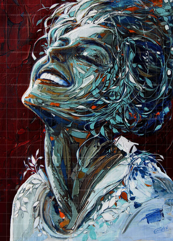 Abstract expressionist portrait painting titled The Radiant Spirit, featuring a joyful woman smiling with head tilted up, painted in vibrant blue, teal, and white brushstrokes against a deep red textured background.