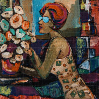 Impasto oil painting titled The Dreamers Gaze featuring a woman with red hair and sunglasses looking at a vibrant bouquet of flowers.