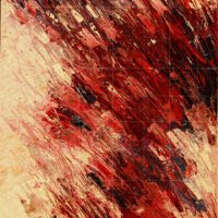 Urban Blossom original abstract palette knife oil painting featuring textured red, burgundy, and black strokes on a beige canvas background.
