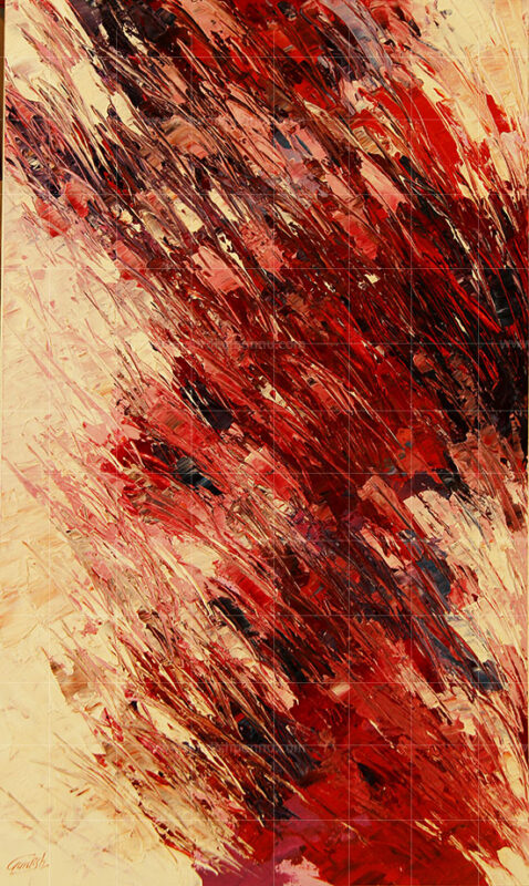 Urban Blossom is an abstract painting of a maple tree. The splashes of red acrylic color add to the beauty of this modern painting. The background is beige and the other colors used are maroon.