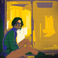 Contemporary abstract woman art painting titled Golden Day in yellow and gold shades depicting a woman relaxing by a window, ideal for home decor.