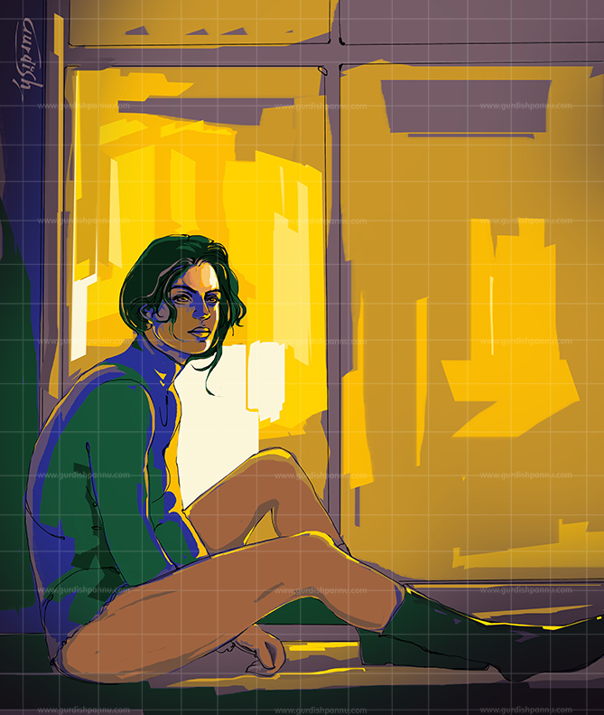 woman paintings - golden day is a positive and bright painting that is painted in the shades of gold and yellow with a woman in green sitting on the side. THIS PAINTING IS BEST FOR YOUR HOMES OFFICES AND CAFES.