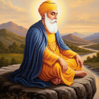 A vibrant and serene digital artwork of Guru Nanak Dev Ji, the founder of Sikhism, seated in meditation