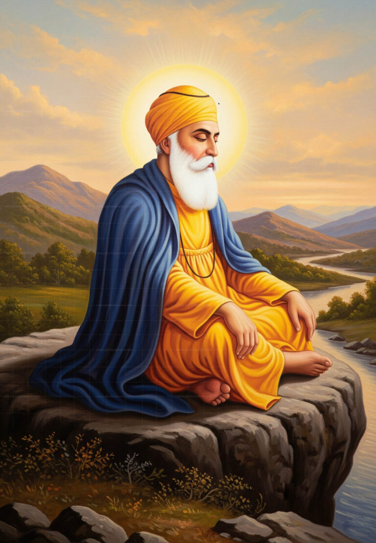A vibrant and serene digital artwork of Guru Nanak Dev Ji, the founder of Sikhism, seated in meditation