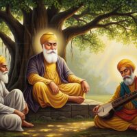 Spiritual painting of Guru Nanak Dev Ji with a glowing halo, sitting under a banyan tree alongside his lifelong companions Bhai Bala and Bhai Mardana playing the rabab instrument.