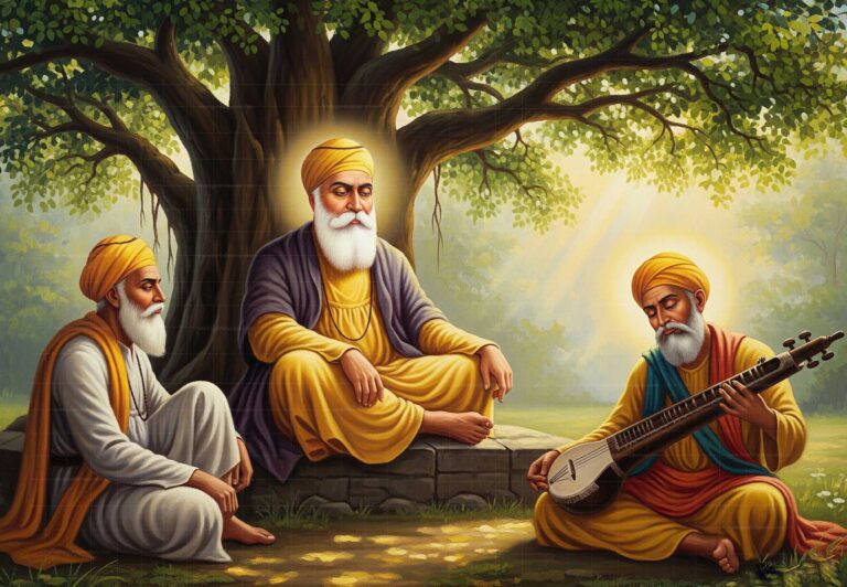 A detailed artistic rendering of Guru Nanak Dev Ji with his two devoted companions, Bhai Mardana and Bhai Bala, during their spiritual journeys.