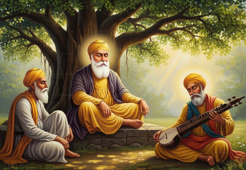 A detailed artistic rendering of Guru Nanak Dev Ji with his two devoted companions, Bhai Mardana and Bhai Bala, during their spiritual journeys.