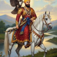 Guru Gobind Singh ji painting depicting the tenth Sikh Guru riding a majestic white horse with a hunting falcon perched on his shoulder, set against a scenic river landscape.