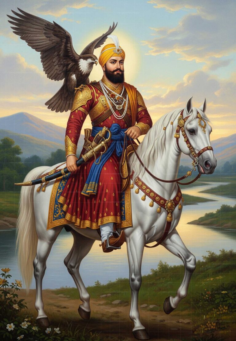 A powerful and majestic digital painting of Guru Gobind Singh Ji, the tenth Sikh Guru, in a regal and spiritual pose.