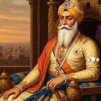 Majestic oil painting of Maharaja Ranjit Singh, the Sikh Empire ruler, seated on a golden throne in royal attire with a sword at sunset.