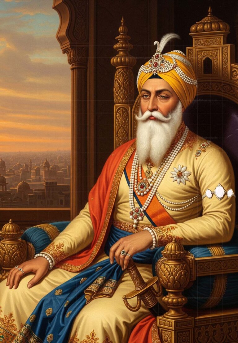 A stunning portrait of Maharaja Ranjit Singh, the "Lion of Punjab," seated on his throne, radiating power and regality.